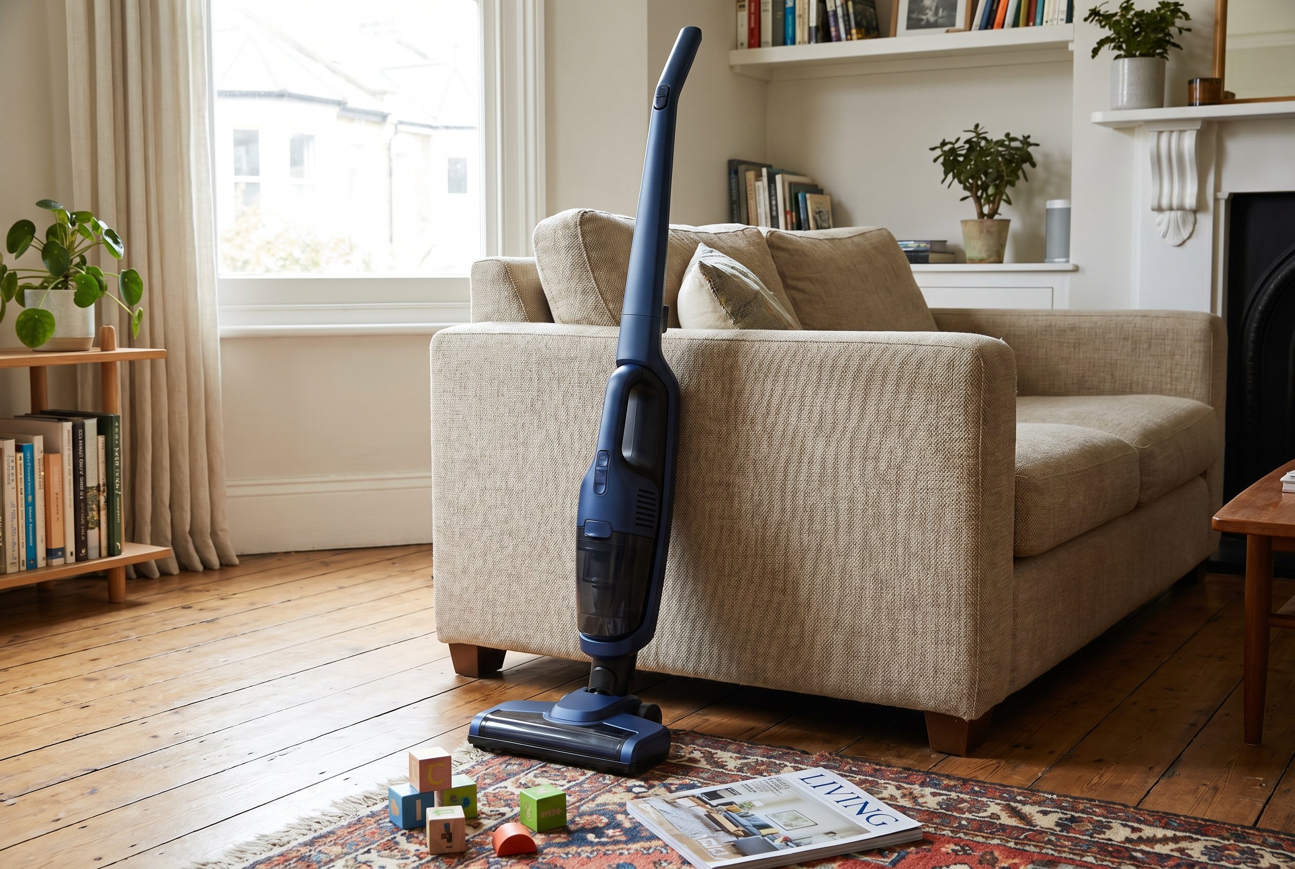 A navy blue cordless stick vacuum standing upright next to a beige couch in a living room, with toy blocks and a magazine scattered nearby.