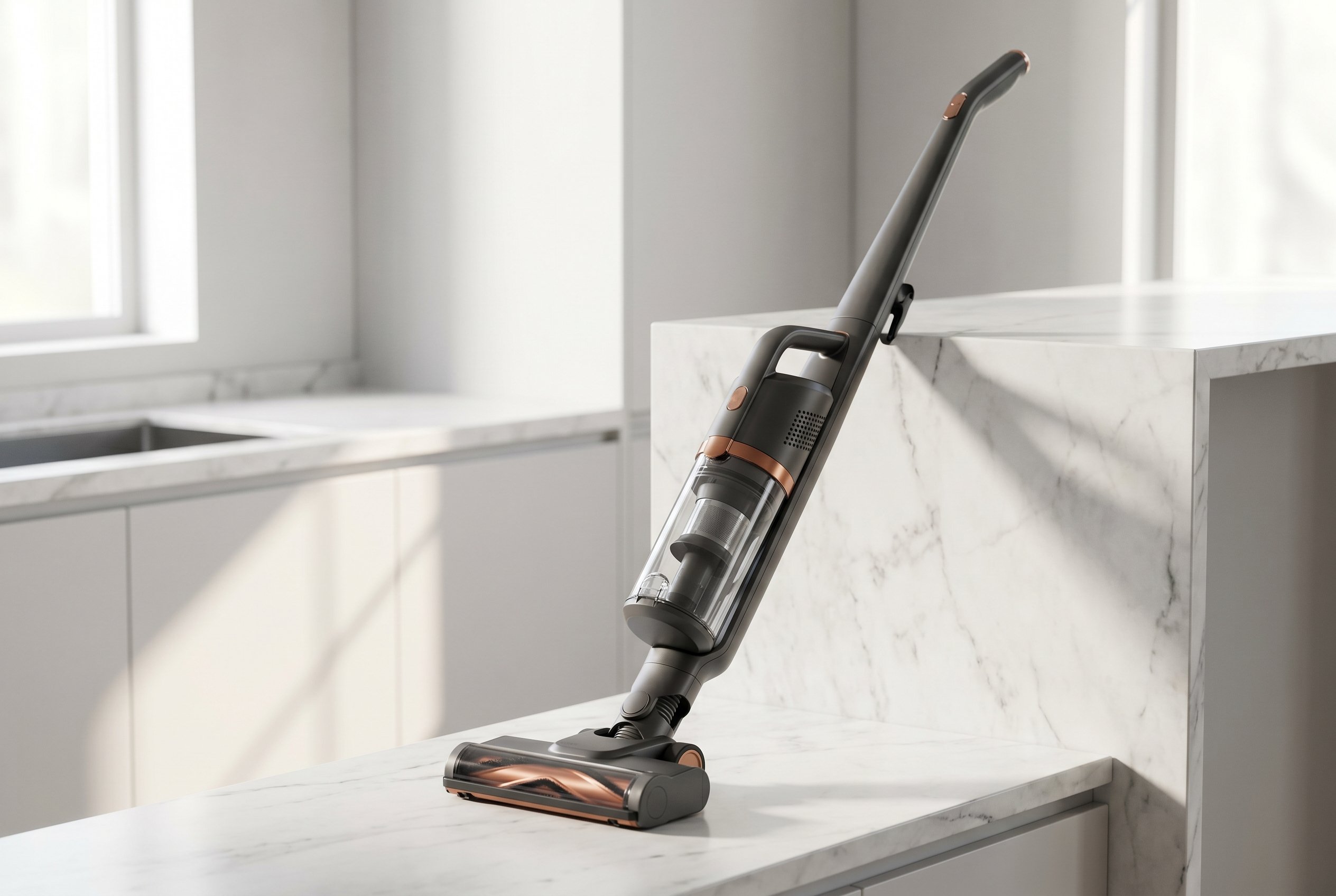 A sleek modern cordless stick vacuum in matte charcoal gray with copper accents, photographed against a clean marble kitchen counter with directional natural light.