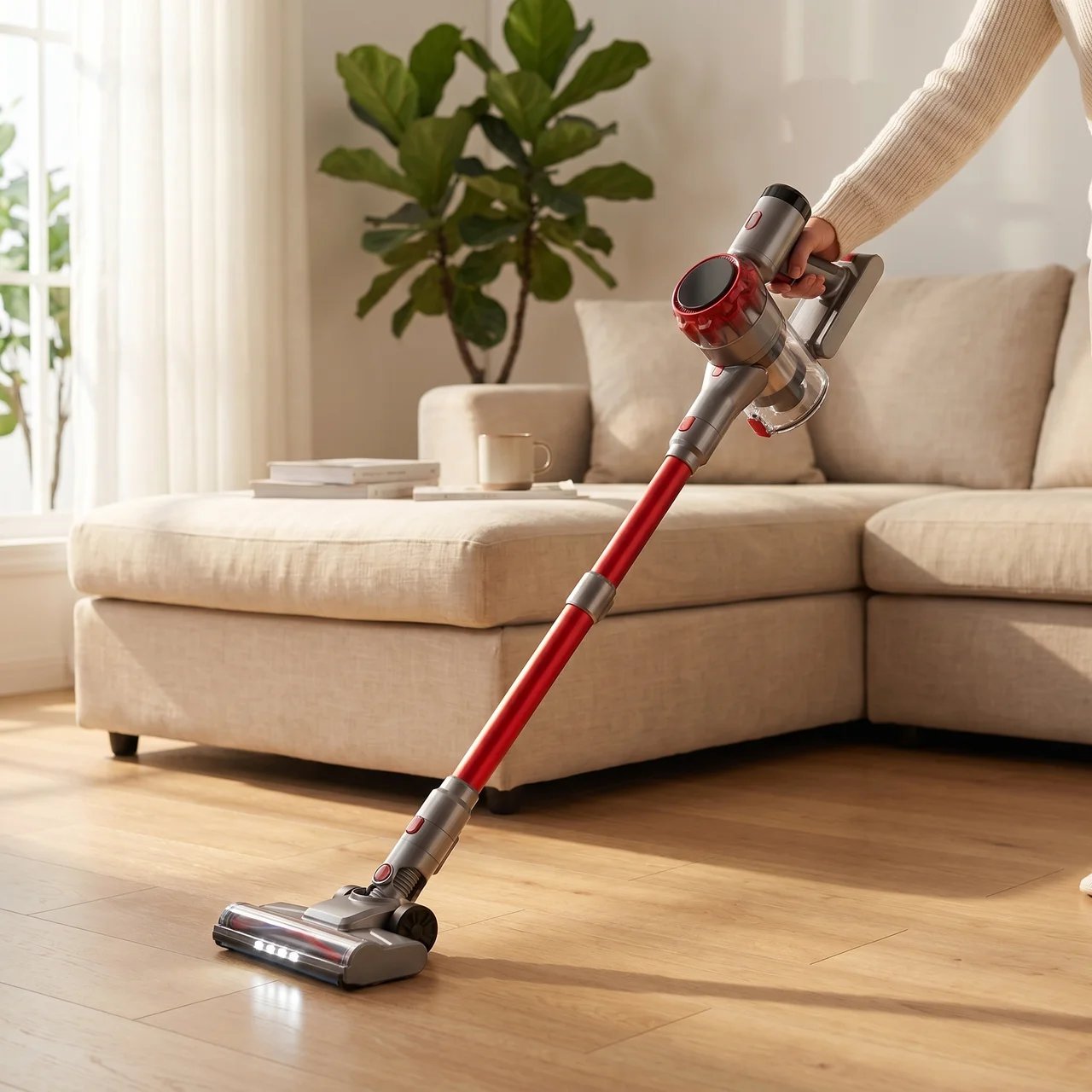 A red and silver Nyven S3P cordless stick vacuum being used on hardwood flooring in a sunlit living room. The LED headlight on the vacuum head is illuminated. A cream sectional couch and a fiddle leaf plant are visible in the background.